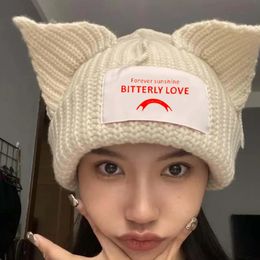 BeanieSkull Caps Cute Fashion Hooded Cap Letter Cat Ear Knit Hat Double-layer Warm Pig Ear Woolen Hat Niche Design Hip-hop Personality Cold Hat 231215