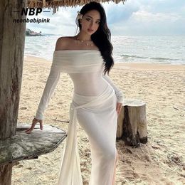 Urban Sexy Dresses NEOBIPINK Elegant Sheer White Dress for Woman Fall 2023 Sexy Off Shoulder Long Sle Draped Split Maxi Dresses N69-ED53L231215