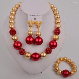 Necklace Earrings Set Bridal Wedding Jewelry Nigerian Bride Red Glass Pearl African Ladies Clothing Accessories SH-47