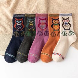 Socks Hosiery Winter Warm Thick Floor Sleeping Socks 5 Pairs Owl Plus Fleece Casual Cute Cartoon Mid-tube Women Wool Socks 231215
