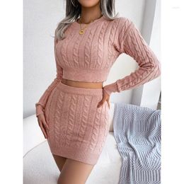 Work Dresses O Neck Long Sleeve Crop Tops Sweaters Mini Knitted Twist Bodycon Skirts Suits Two Piece Set Women Sets Y2K Clothes