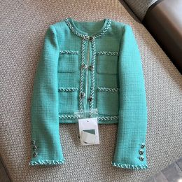 2024 Spring Green Contrast Colour Panelled Tweed Jacket Long Sleeve Round Neck Double Pockets Double-Breasted Jackets Coat Short Outwear Z3D121257