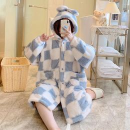 Women's Sleepwear Winter Warm Hooded Robe Night Dress Women Pajama Woman Bathrobe Nightgowns Pijama Flannel Loungewear Checkerboard