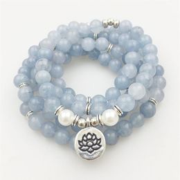 SN1205 Design Women's 8 mm Blue Stone 108 Mala Beads Bracelet or Necklace Lotus Charm Yoga Bracelet196b