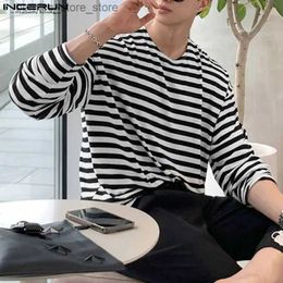 Men's Polos Men Striped T Shirt O-neck Long Sleeve Streetwear Casual Men Clothing Korean Style 2023 Loose Fashion Tee Tops S-5XL Q231215