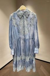 Casual Dresses 2023 Autumn/Winter Striped Imitation Denim Tie Dyed Lace Lapel Round Neck A-line Silk Midi Dress Woman Long Skirt