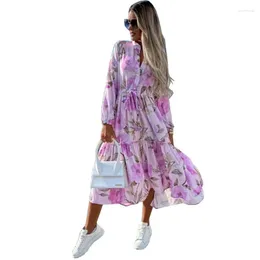 Casual Dresses Women's Printed Loose Fashion Long Sleeve Midi Spring/Summer Beach Lace Up Vestido De Noche Largos Elegantes 2023