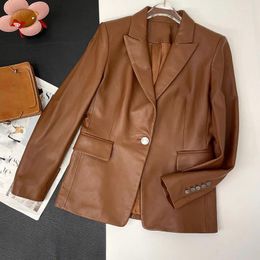 Women's Leather High Quality 2 Color Long Sleeve Lapel Sheepskin Coat Fashion Classic Single Button Slim Motorcycle Jacket Womens Clothing