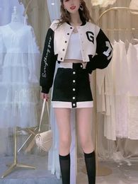 Women s Jackets Gothic Punk Preppy Female Suit Suit Crop Baseball Jacket Skirt 2 Pieces Set Black High Street Spring 3D Print 231214