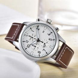 mens watches quartz movement pilot watch Six needles all dial work chronometre wristwatch leather strap stainless steel case waterproof clock montre de luxe 01