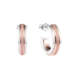 Hoop Earrings Signature Two Tone Logo Pave For Women Clear CZ 925 Silver & Rose Golden Colour Round Shape Female Jewellery
