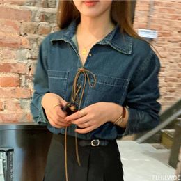 Women's Blouses Cotton Denim Shirt Design Temperament Women Office Lady Blue Jeans Cross Criss Bow Tie Tops Retro Vintage Button Shirts