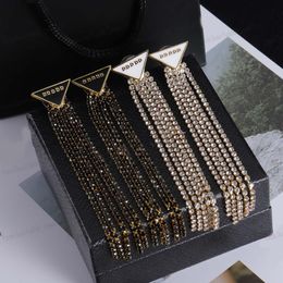 Geometric triangle Stud long tassel earrings, Luxury inset Zircon, classic designer earrings, Fashion Women's Jewelry, black and white enamel, 2 colors, wedding