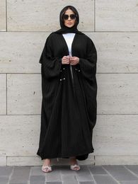 Ethnic Clothing Batwing Abaya Kimono Arabic Cardigan Muslim Long Hijab Dress Black Stripe Open Abayas For Women Dubai Islam Modest Turkey