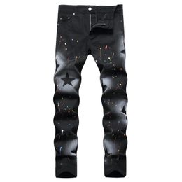 Men's Jeans 2023 Style Black Colored Paint Stretch High Street Star Print Slim Elastic Skinny Denim Pants Mens Pencil 231214