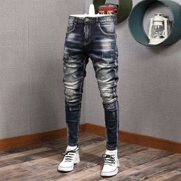 Men's Jeans Fashion Streetwear Men Retro Black Blue Elastic Slim Fit Ripped Spliced Designer Embroidery Hip Hop Denim Pants 231214