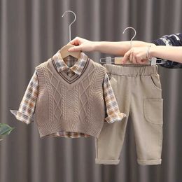 Clothing Sets Autumn Baby Boy Clothes Set Knitted Outfits Fall Winter Solid Colour Knit Vest+Long Pants+Plaid Turndown Collar Shirt 3Pcs