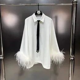 Women's Blouses BORVEMAYS Elegant White Simple Shirt Women Loose Temperament Lapel Necktie Decorate Long Sleeve Feather 2024