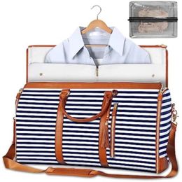 Duffel Bags Stripe Leather Folding Suit Bag Man Business Travel With Shoe Pocket Clothes Cover Luggage For Suits Sac