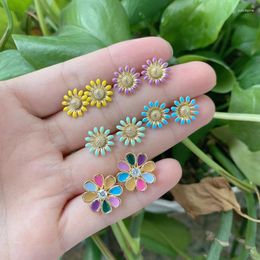 Stud Earrings Design Ins Style Sun Flower CZ Zircon Iridescence Colourful Enamel For Women