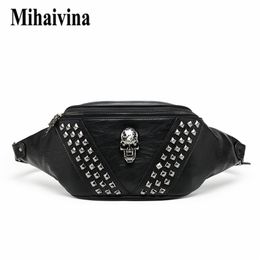 Mihaivina Punk Rivet Skull Men Waist Bag Women Black Fanny Pack Leather Chest s Female Shoulder Messenger Bum s 220216278w