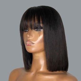 Synthetic Wigs Straight Bob Wig with Bangs Bone Straight Human Hair Wigs for Women Human Hair Full Machine Made Wigs Bob Fringe Wig 8-16 Inches 231214