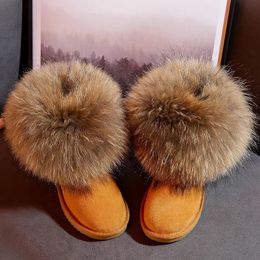 Boots Genuine Leather Children Shoes Kids Snow Boots Natural Big Fox Fur Cold Winter Boys Girls Warm Botas Baby Boots 231214