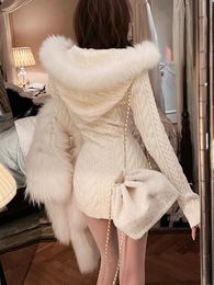 Urban Sexy Dresses Winter Knitted Sweater Dress with Hooded Women Slim Bodycon Y2k Mini Dress Faux Fur Female Dress Korean Elegant 231215