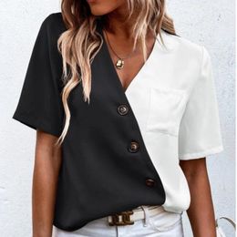 Women's Blouses Summer Fashionable Chiffon V-neck Contrasting Short Sleeved Shirt Top Casual Two Colour Cross Button Pocket T-shirt