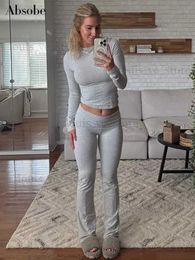 Women's Two Piece Pants Absobe Crop Top Fold Over Flare Pants Solid Set Women Crew Long Sleeve T-shirt Casual Trousers Slim Outfit Street Leisure Suit T231215