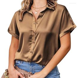 Women's Blouses 2023 Summer Shirt Lapel Short Sleeve Satin Solid Blouse Fashion Office Clothing Tops Elegant 24910