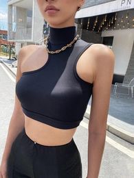 Women's Tanks Summer Fashion Cotton Solid Color High Neck Irregular Elastic Slim Fit Short Tank Tees Women Waist Open Navel Top