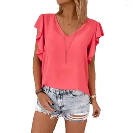 Women's Polos Summer Thin Solid Color Chiffon Shirt For Women Casual Pullover V-Neck Ruffled Short Sleeved