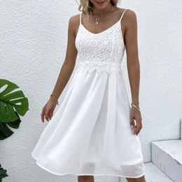 Casual Dresses White Sling Lace Dress Women Summer Sexy Pure Color Stitching V Neck Party High Waist Spaghetti Strap Mini