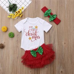 Clothing Sets My First Christmas Baby Girl Clothes Letter Romper+Red Layered Tulle Shorts+Headband New Year Costume Baby Christmas Outfit