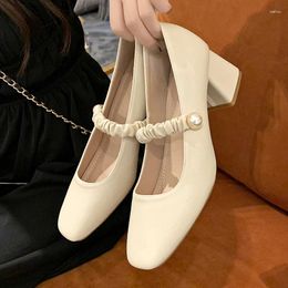 Dress Shoes Block Heels For Women Pumps Square Toe Sandals Ladies 2023 Lolita Slip On Sweet Lace-Up Chunky Straps Leather Beige 3cm Af