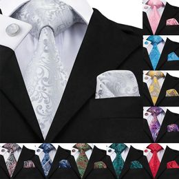 Neck Ties C1169 Floral Mens Tie Set Silver White Jacquard Silk Pocket Square Cufflinks 85cm Classic for Men Corbatas 231214