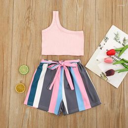 Clothing Sets Kid Girls Clothes 3 Piece Summer Outfit Pink One Shoulder Shirt Short Pants Children Suit