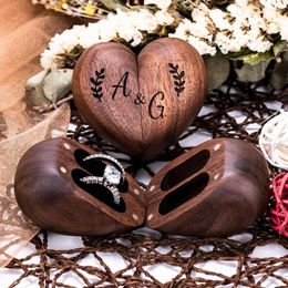 Gift Wrap Wooden Ring Box For Wedding Ceremony-Heart Shaped Solid Wood Double Bearer Box-Engraved