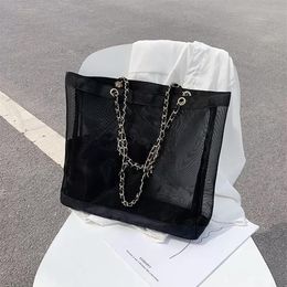 NEW white printing shopping mesh chain Bag with ribbon classic Beach Travel Bags Women Wash storage bag262a