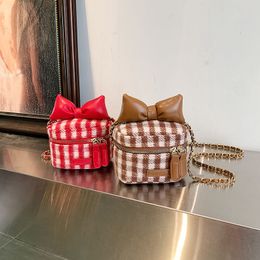 Fashion children diamond Chequered handbags INS kids Bow single shoulder square box bag 2024 girls mini princess bags S0951