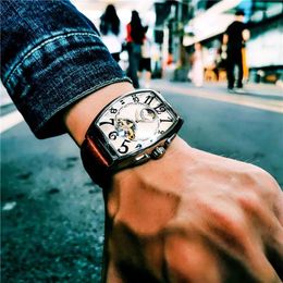 Wristwatches AOKULASIC Men Wristwatch Automatic Mechanical Military Sport Leather Male Clock Top Skeleton Hollow Man Watch 500