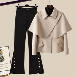 Damenanzüge, Blazer, Damen-Herbst-Winter-Vintage-Spleiß-Langarm-Anzugsmantel, Mikro-Schlaghose, zweiteilige koreanische Freizeit-Blazer, passendes Set 231216