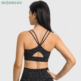 set SHINBENE Double Strap Leopard Printed Sports Bras Workout Tops Ladies Strappy Back Open Gym Fitness Yoga Bralette with Padded