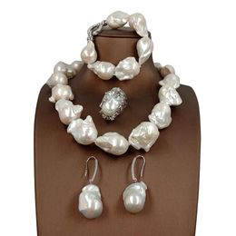 Necklaces Big High Quality Nature Baroque Jewelry Set ,100% Nature Freshwater Baroque Pearl Necklace and Bracelet,ring and Earring