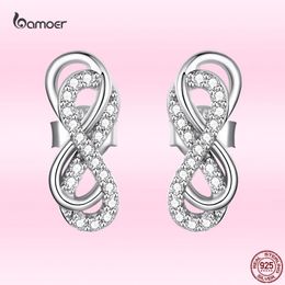 Stud Bamoer 100% 925 Sterling Silver Double Infinity Symbol Stud Earrings for Women Simple Geometric Earrings Hypoallergenic Jewellery