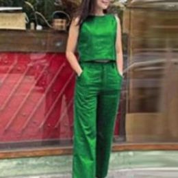 Women's Two Piece Pants Chic Loose Outfit Button Zipper Short Top Casual Long Set O-Neck Straight Fit Vest Trousers Workwear