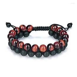 Strand Natural Round Red Blue Tiger Eye Stone Bead Double Row Handmade Weave Black Rope Nylon Bracelet Unique For Woman Man