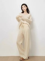 Womens Two Piece Pants High end cashmere knitted twopiece set for womens Vneck long sleeved casual loose sweaterwide leg pants autumn and winter 231216