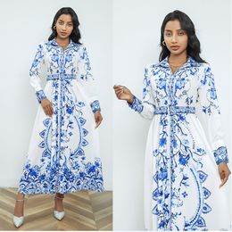 Designer Floral Women Maxi Shirt Dress with Belt Long Sleeve Lapel Button High Waist White Casual Vacation Party Dresses 2024 Spring Fall Runway Slim A-Line Frocks